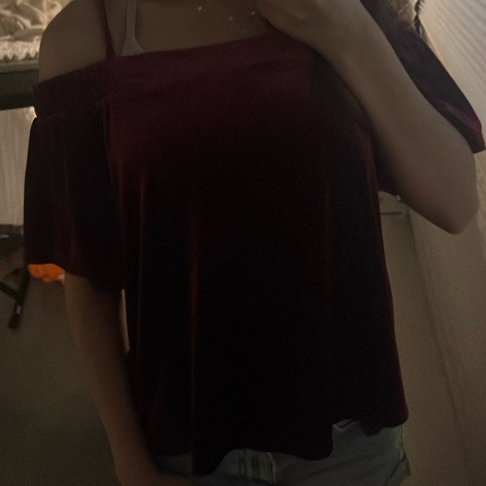 maroon crushed velvet off the shoulder top